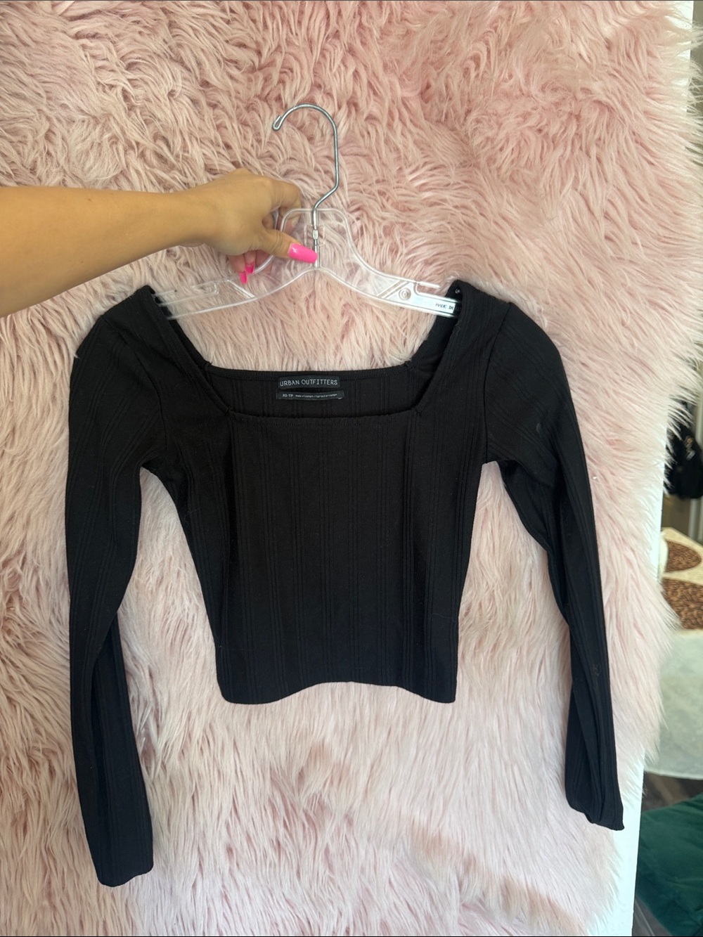 Urban Outfitters Black Ribbed Square-Neck Long-Sleeve Crop Top